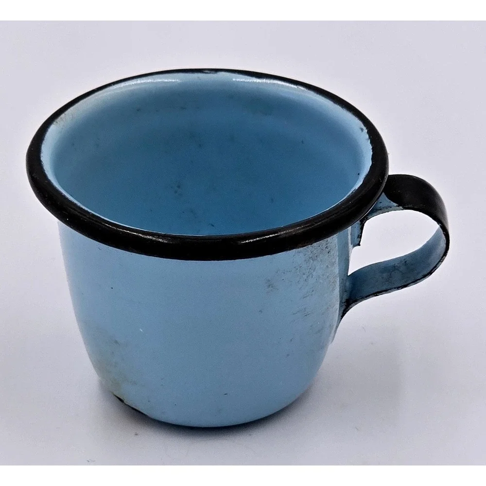 Vintage Enamelware Small Blue Mug‎ Black Rim Rustic Farmhouse Tin Cup Decorative